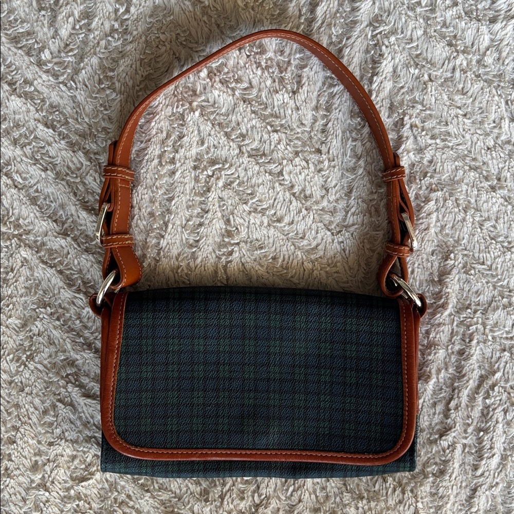 Vintage Ralph Lauren Crossbody saddle bag green Blackwatch tartan plaid Brown